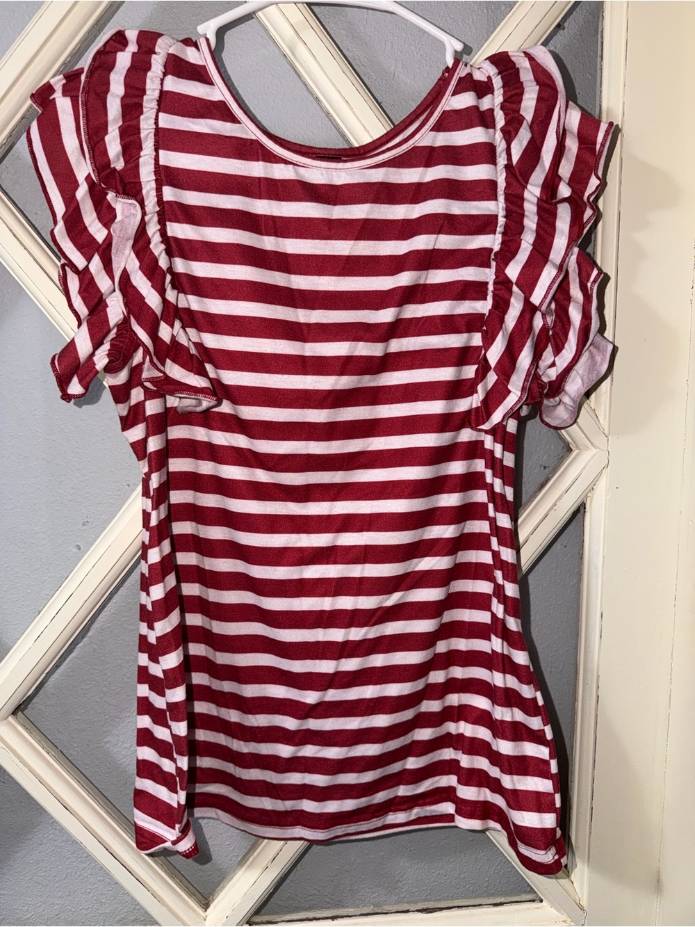 SHEIN Pink and White Striped Ruffle Trim Tee
